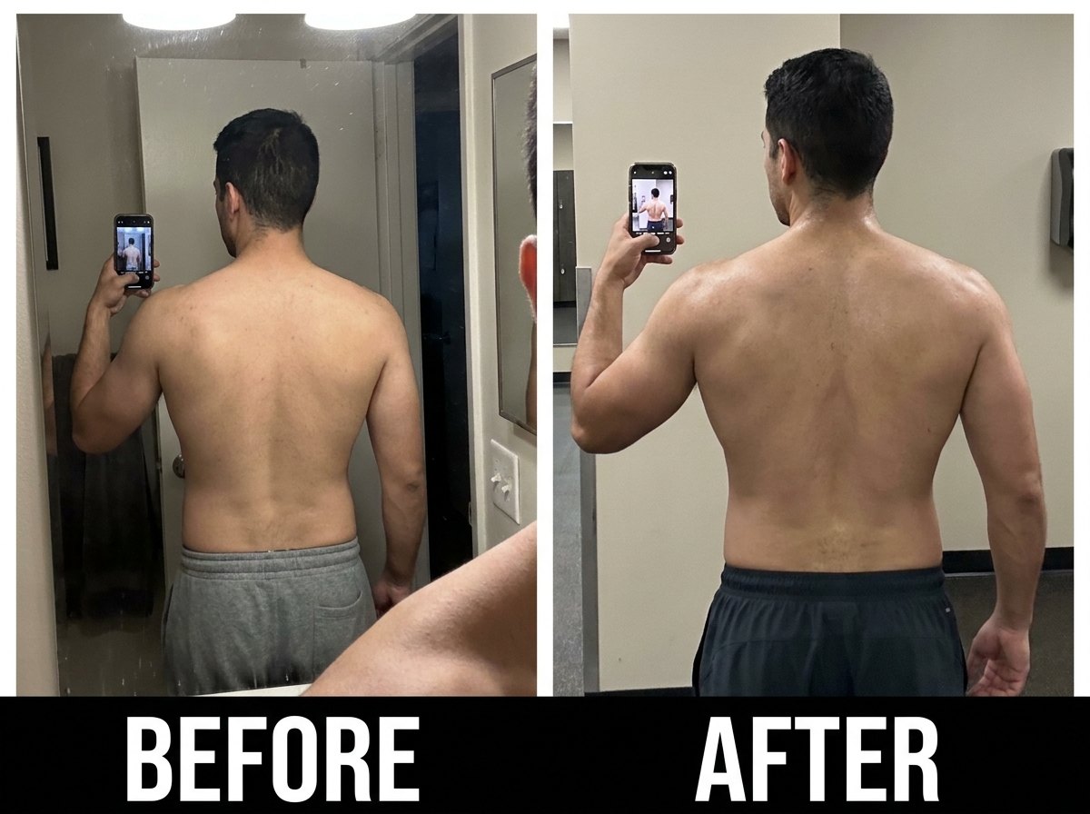 Before / after, back-focused muscle gain