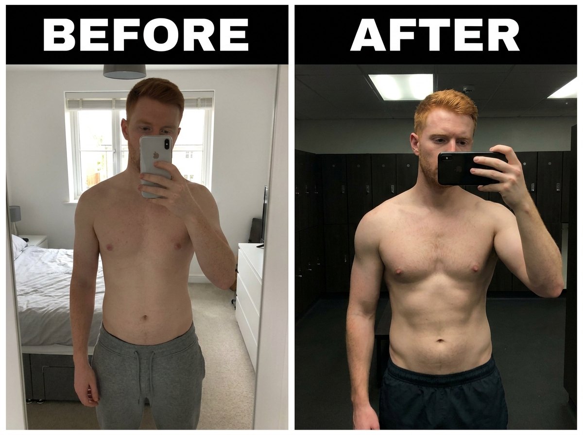 Before / after, chest-focused muscle gain